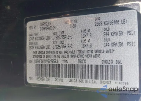 1997 Dodge Ram 1500 Lt из США, поврежденный, VIN 1B7HF16Y1VS278583